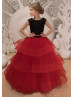 Red Layers Tulle Keyhole Back Long Flower Girl Dress 
